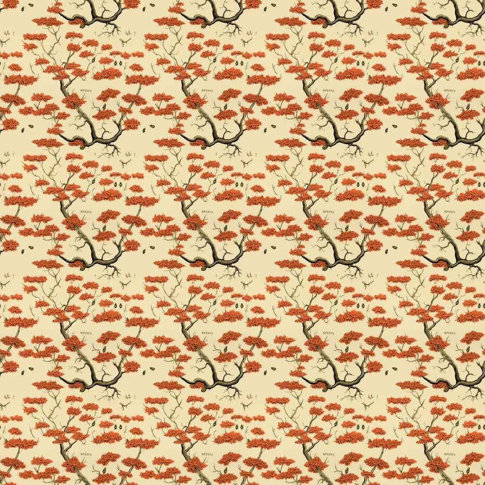 Elegant Oriental Style Red Blossom Trees on Cream Background