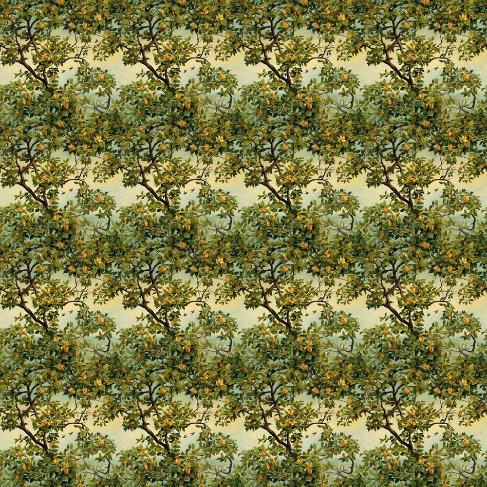 Lush Green Orchard Trees with Golden Fruit Scenic Repeat