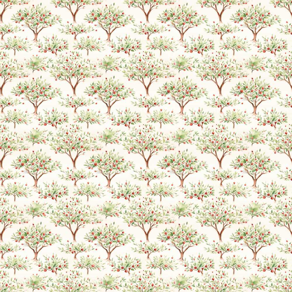 Watercolour Apple Tree Motif with Soft Green Leaves on Cream