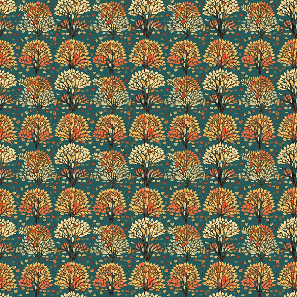 Decorative Autumn Trees in Teal and Orange Folk Art Style
