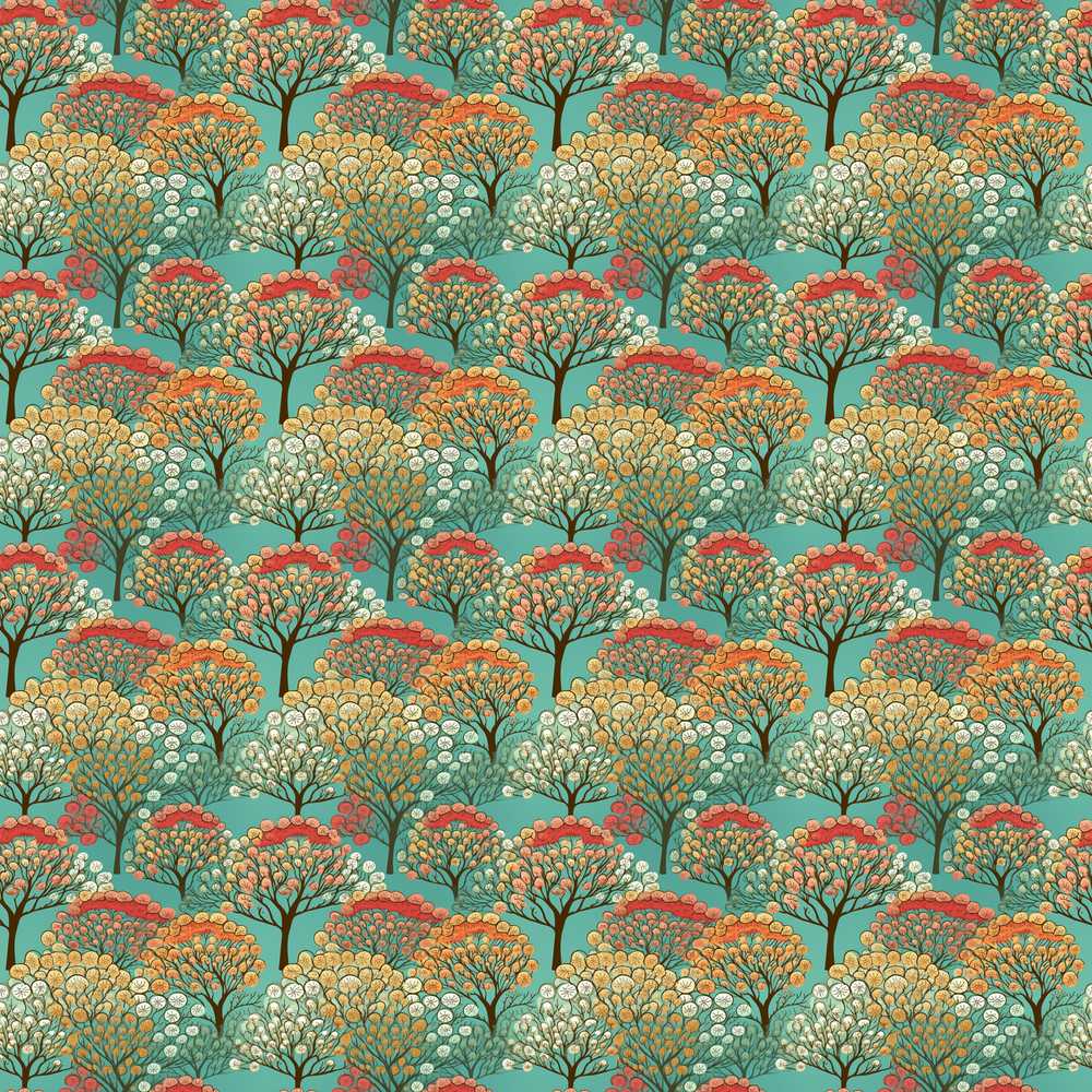 Colourful Retro Trees with Rounded Foliage on Teal Background