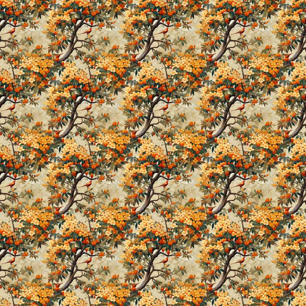 Detailed Botanical Branches with Orange Flowers and Birds Vintage Style