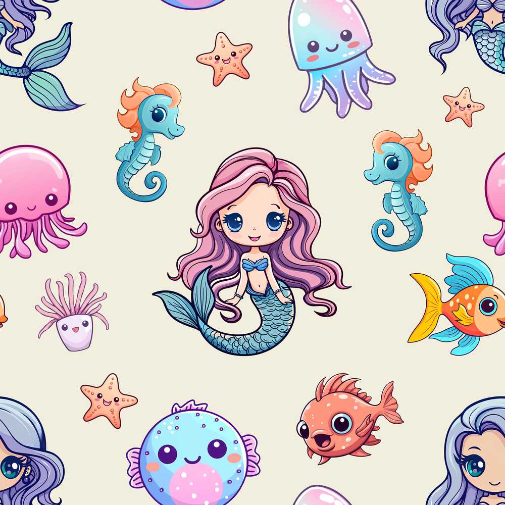 Cute Cartoon Mermaid with Sea Creatures on Light Background Kids