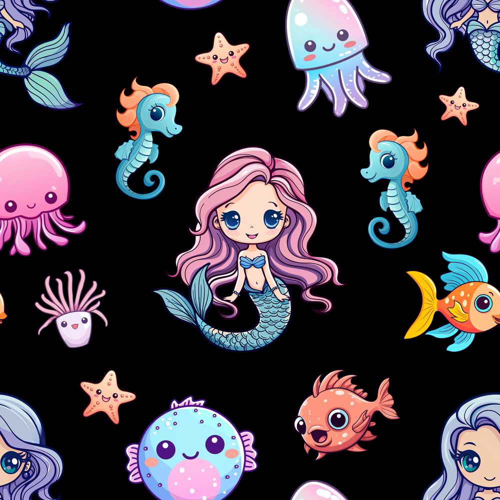 Cute Cartoon Mermaid with Sea Creatures on Black Background Kids