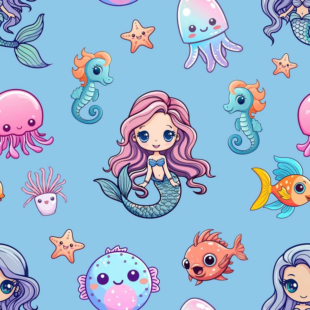 Cute Cartoon Mermaid with Sea Creatures on Blue Background Kids