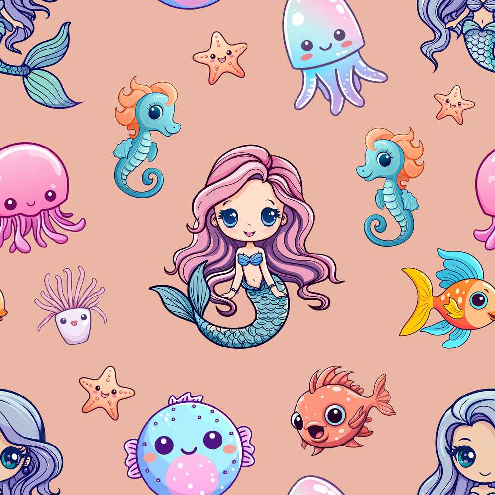 Cute Cartoon Mermaid with Sea Creatures on Peach Background Kids