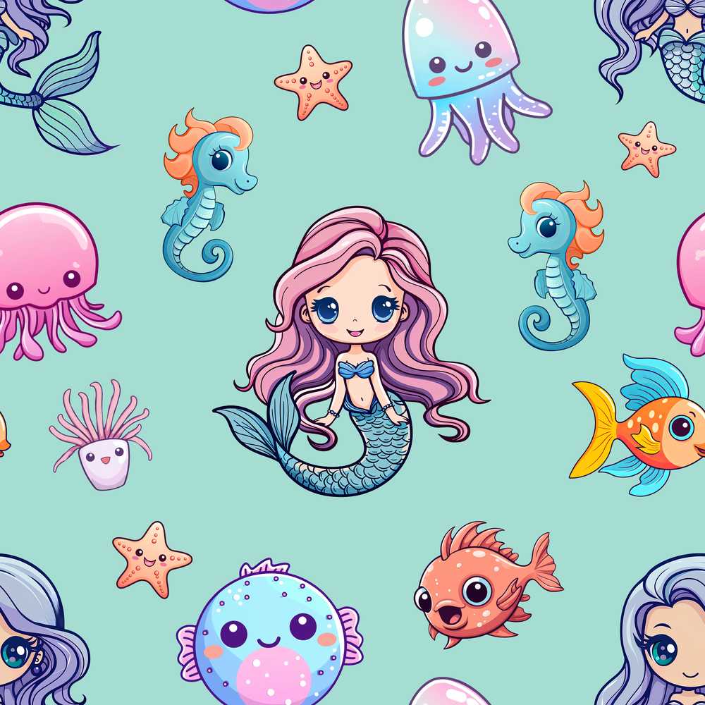 Cute Cartoon Mermaid with Sea Creatures on Mint Green Kids