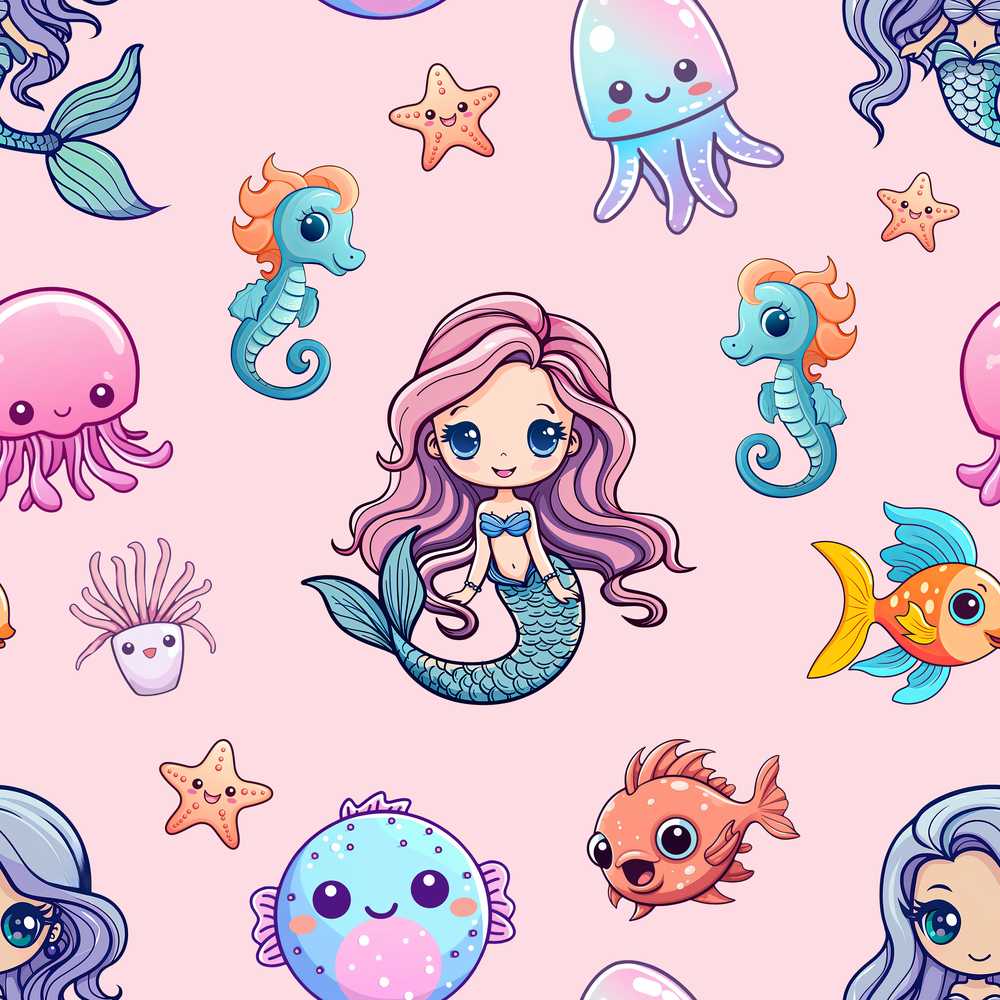 Cute Cartoon Mermaid with Sea Creatures on Soft Pink Kids
