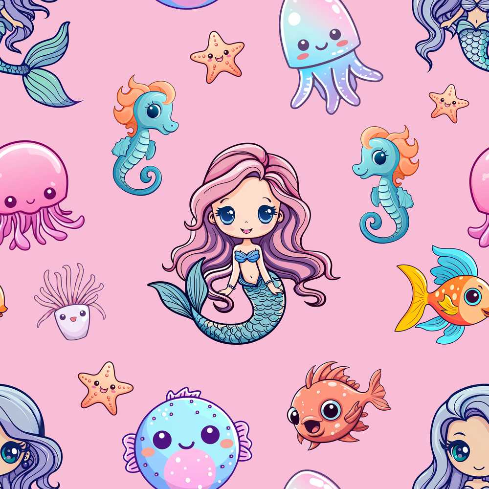 Cute Cartoon Mermaid with Sea Creatures on Pink Background Playful