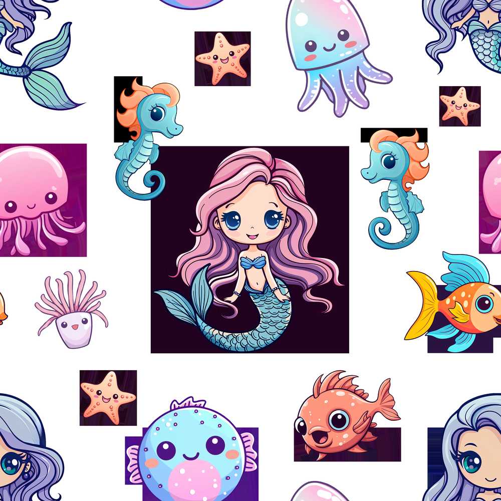 Cute Kawaii Mermaid and Sea Creatures Seamless Ocean on White