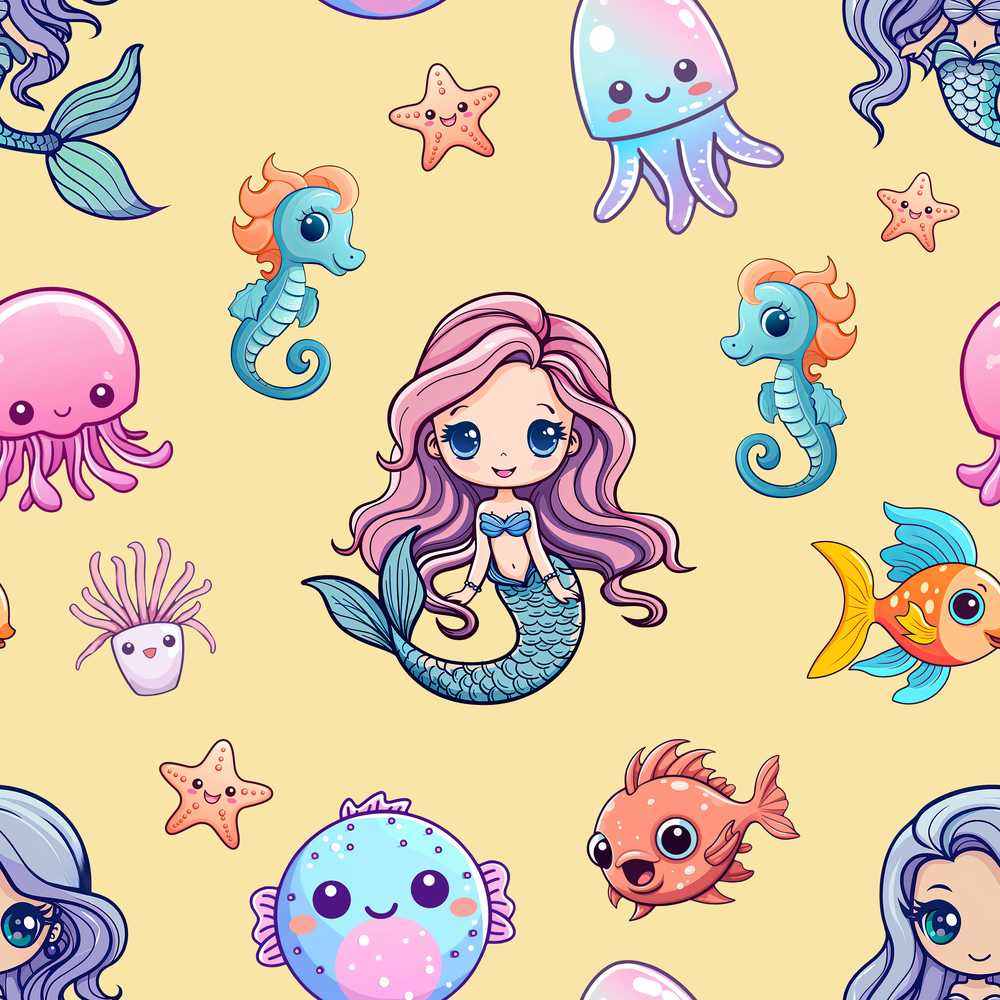 Kawaii Mermaid and Sea Creatures Ocean Warm Beige Background