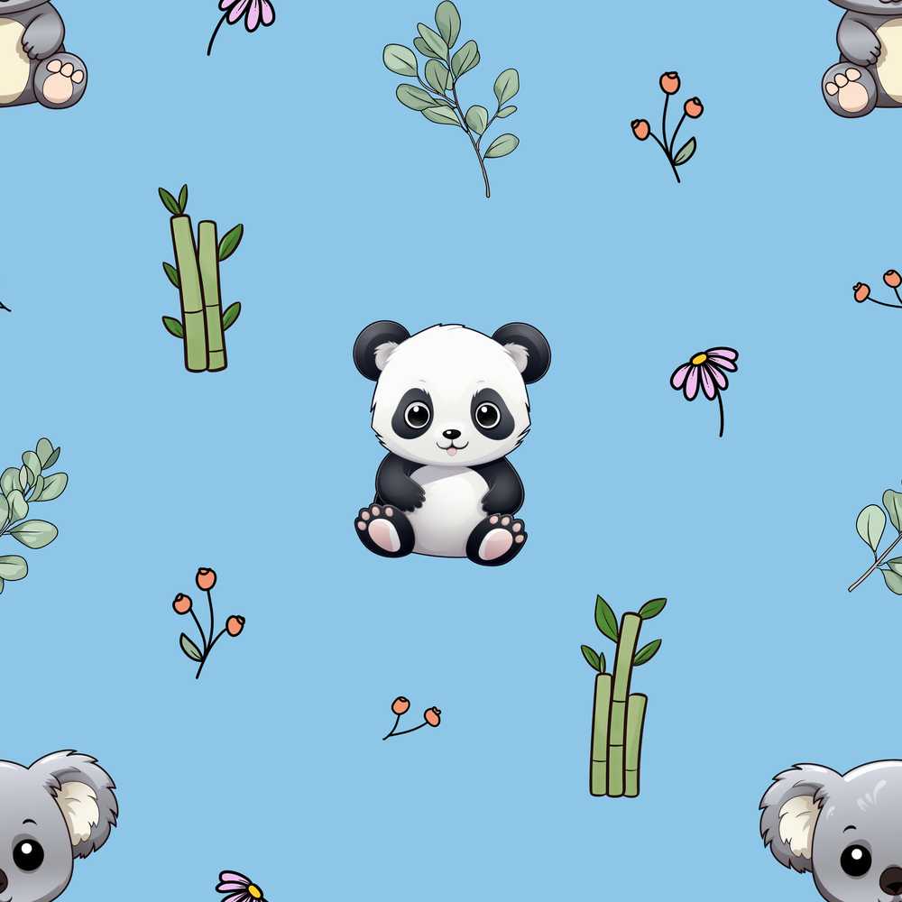 Cute Panda Bamboo and Floral Minimal on Sky Blue Background