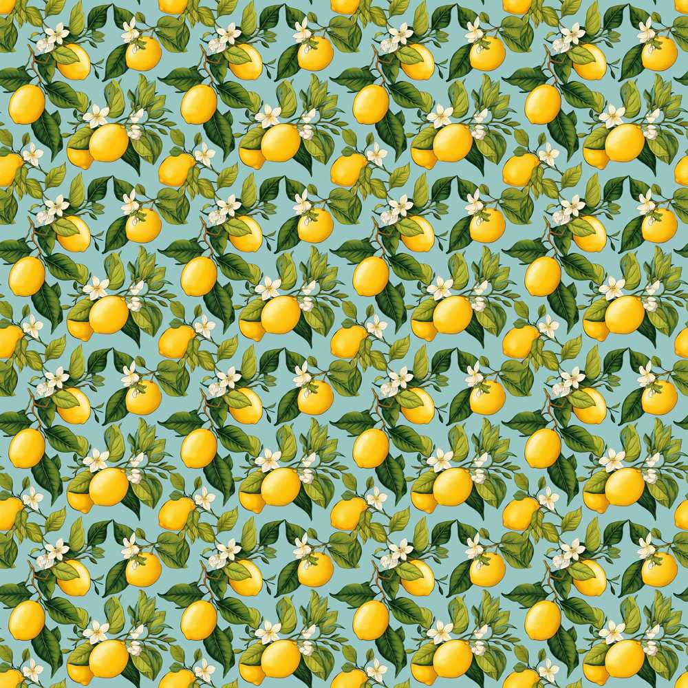 Vintage Lemon Tree Branches on Blue Background Botanical Wildflower