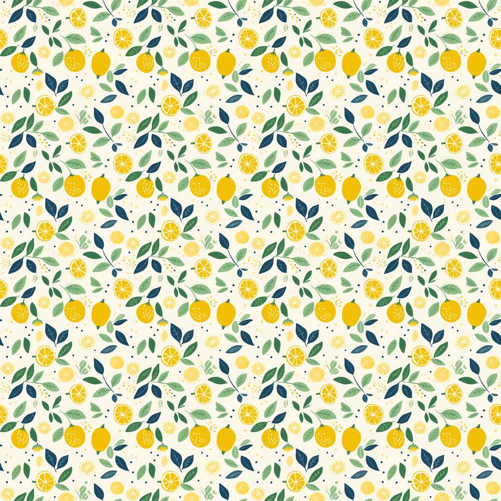 Playful Lemon Citrus and Leaves Repeat on Cream Background