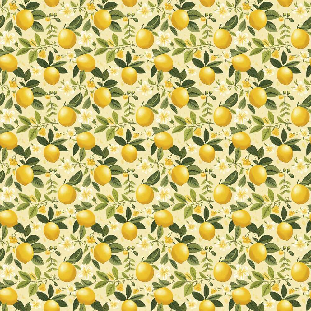 Warm Yellow Lemon Orchard with Flowers and Leaves Seamless Botanical