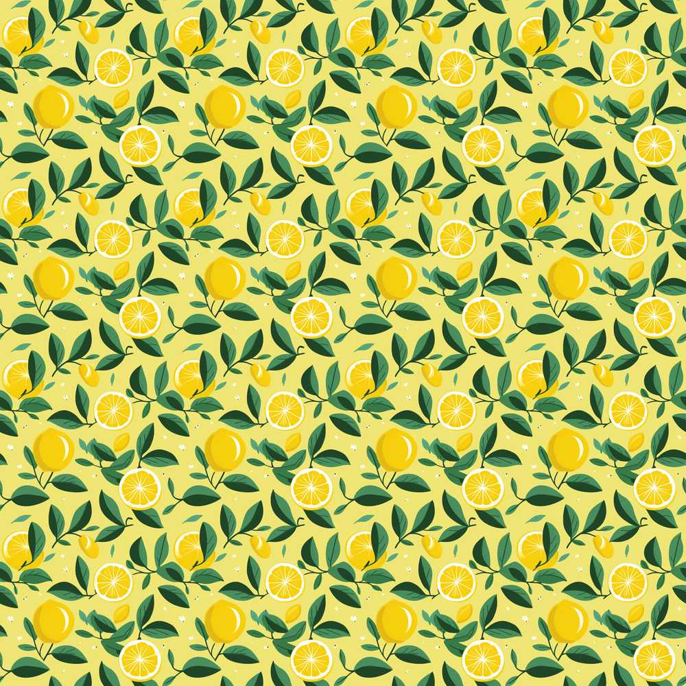 Modern Flat Style Lemon Slices and Leaves on Yellow Background