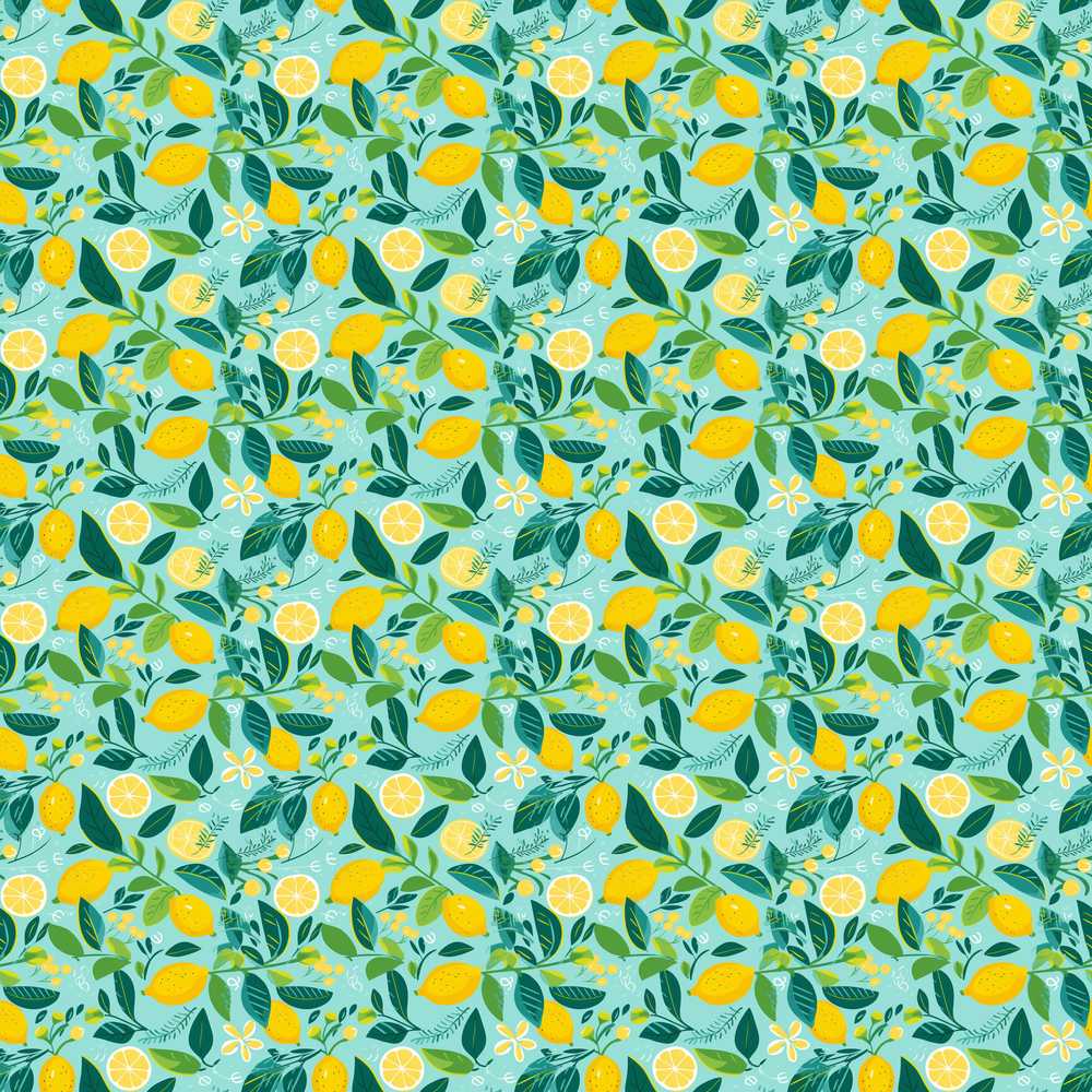 Fresh Lemon and Leaf Scatter on Teal Background Seamless