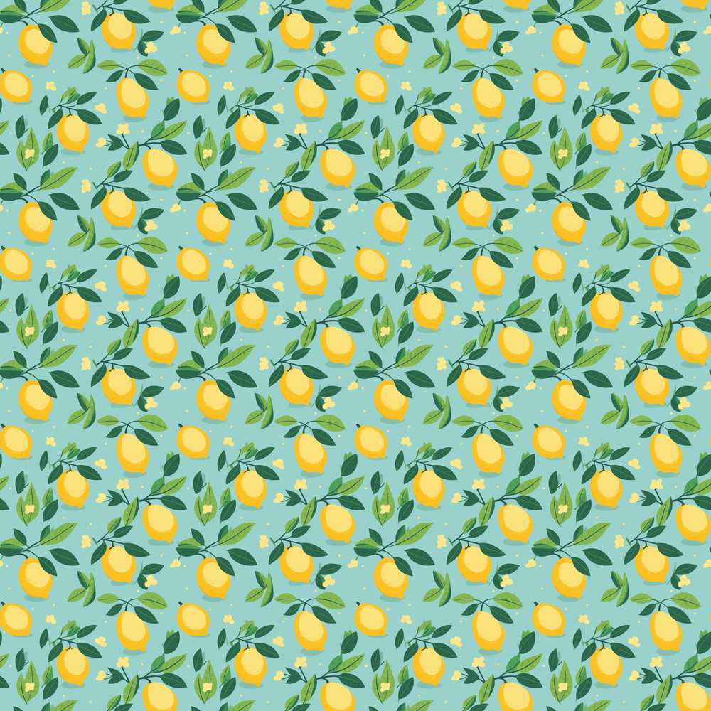 Minimal Lemon Branch with Small Blossoms on Blue Background