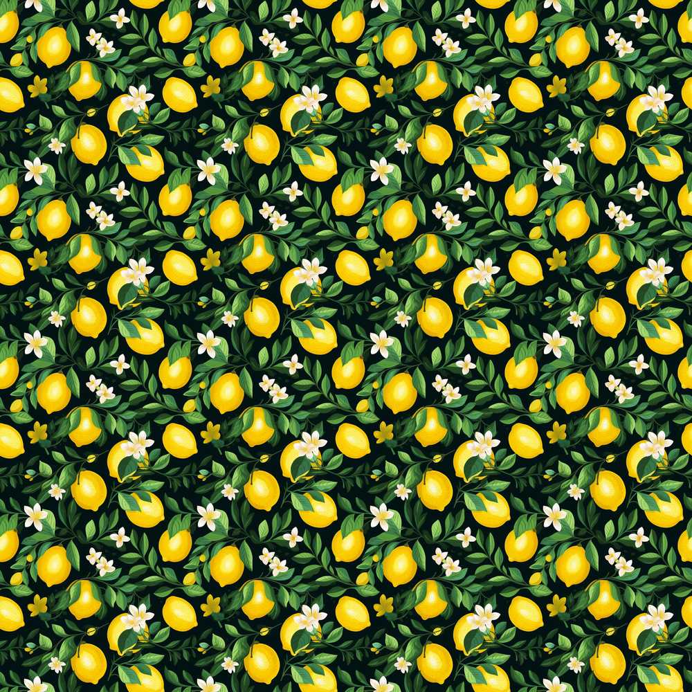 Dark Botanical Lemon with Blossoms on Black Background Wildflower