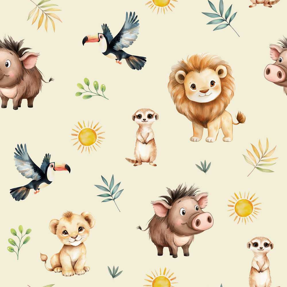 Cute Safari Animals Lion Meerkat Toucan and Warthog with Sun