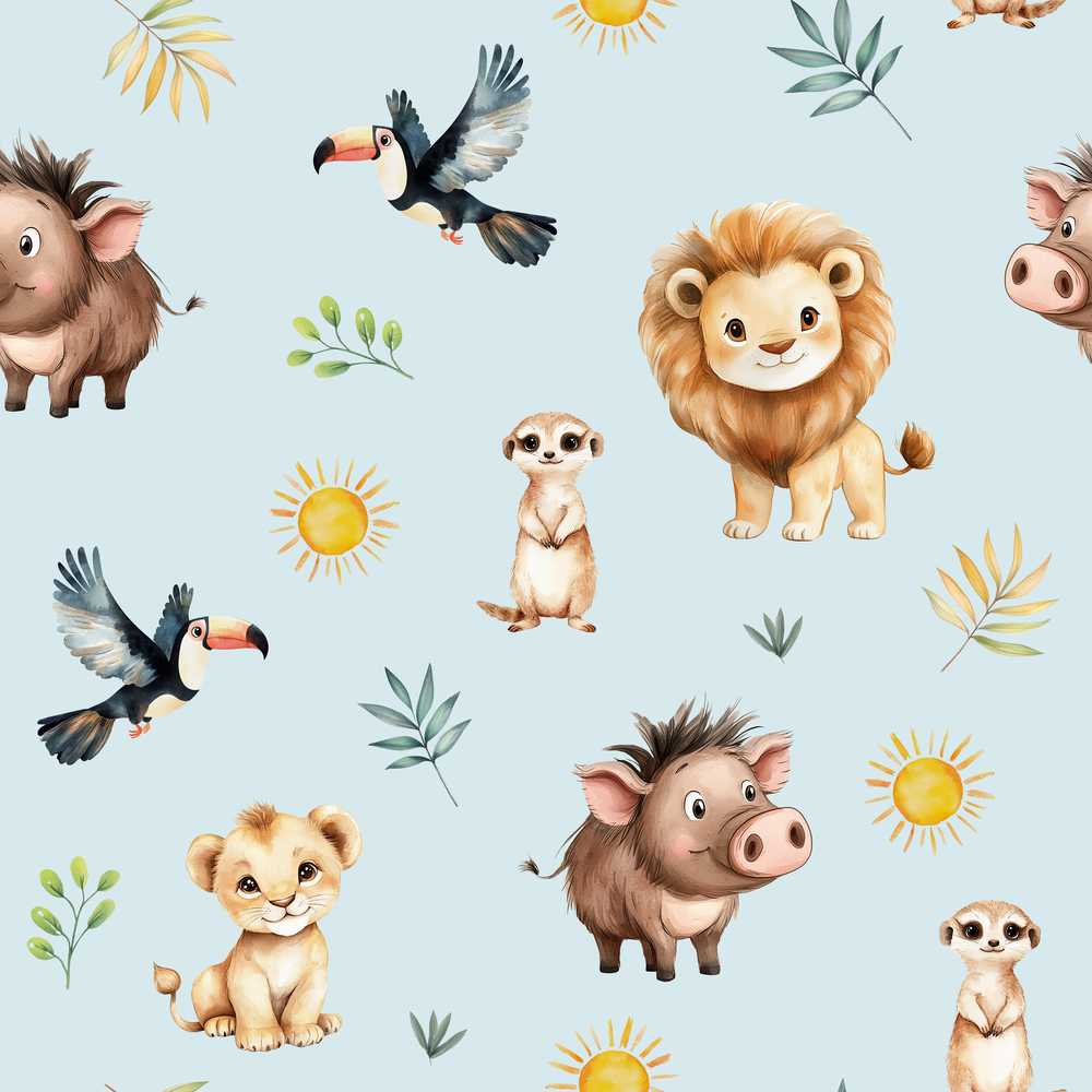 Cute Safari Animals Lion Meerkat Warthog with Sun and Leaves