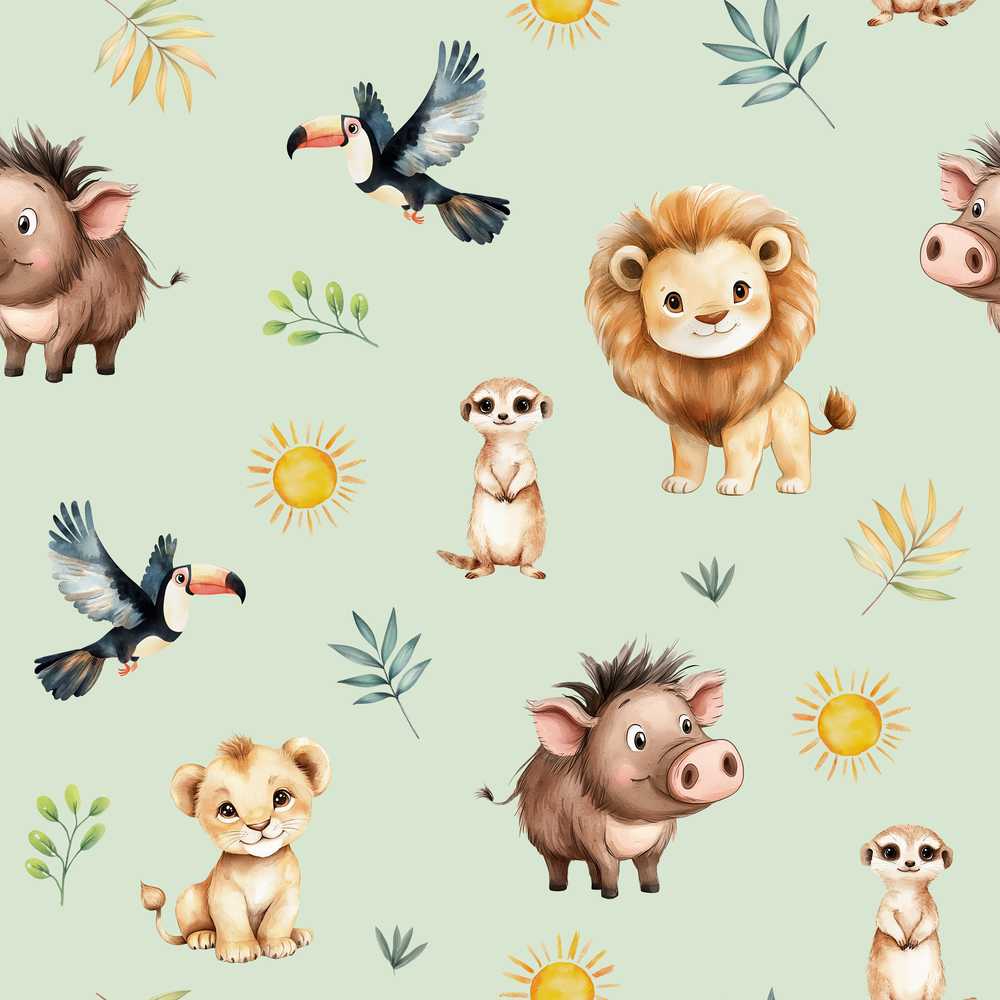 Cute Safari Animals Lion Meerkat Toucan and Warthog with Sun