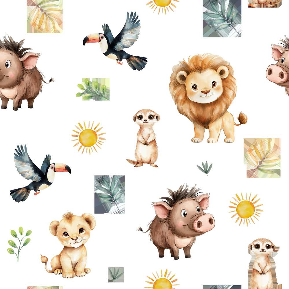 Cute Safari Animals Lion Meerkat Toucan and Warthog with Sun