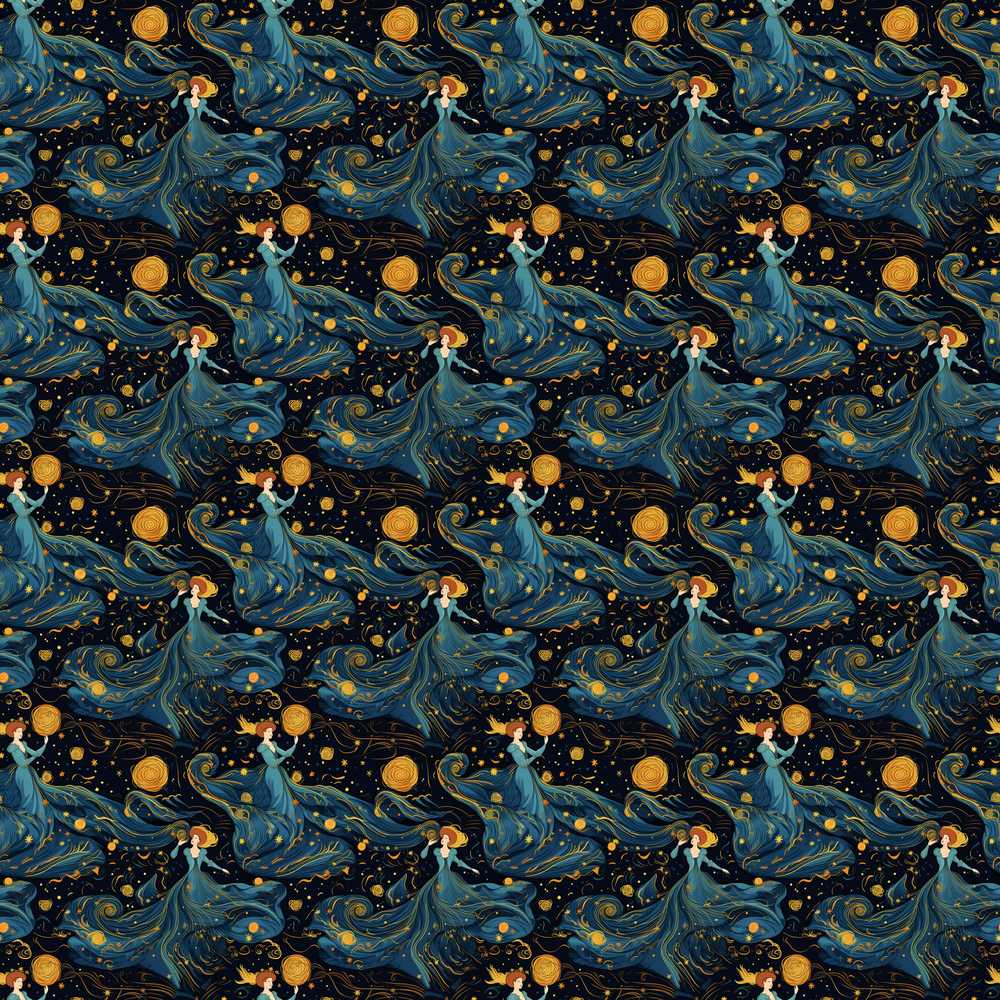 Celestial Goddess in Flowing Blue Dress with Stars and Golden