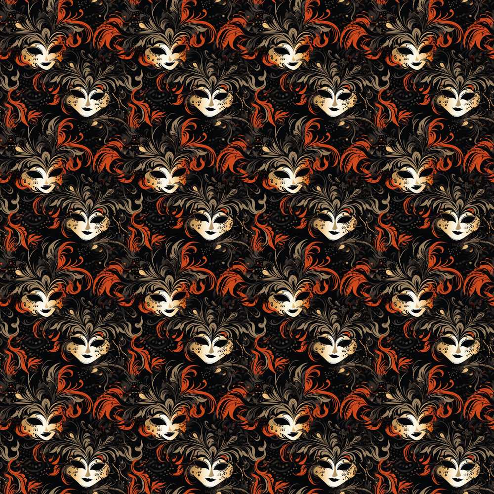 Dark Elegant Masquerade Masks with Orange Feathers on Black