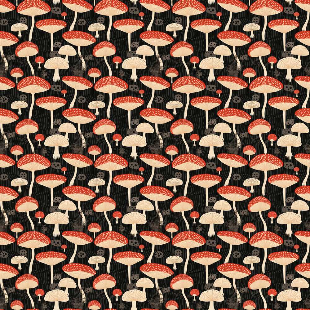 Woodland Mushroom Toadstool on Dark Background Decorative Repeat