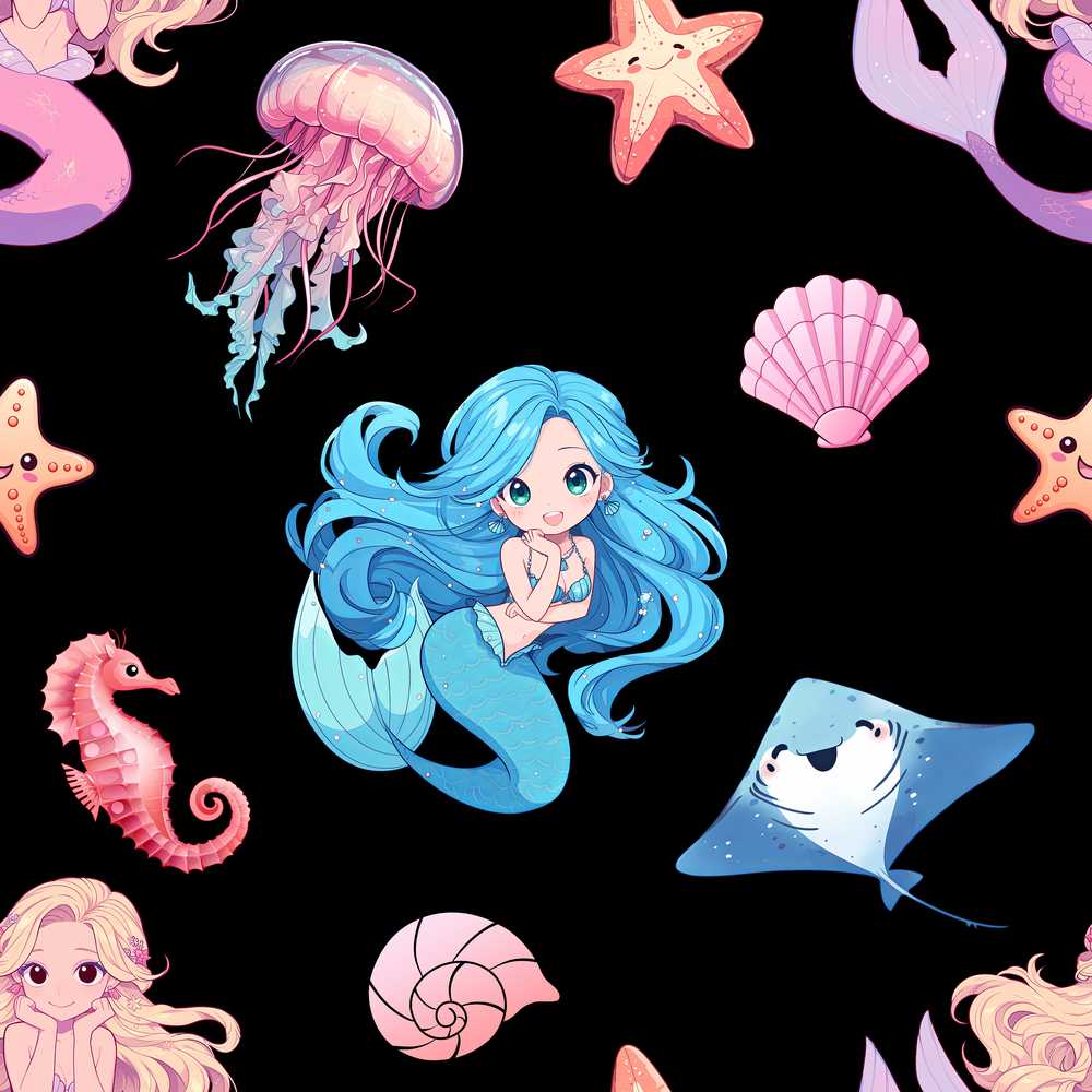 Cute Mermaid with Sea Creatures on Black Background