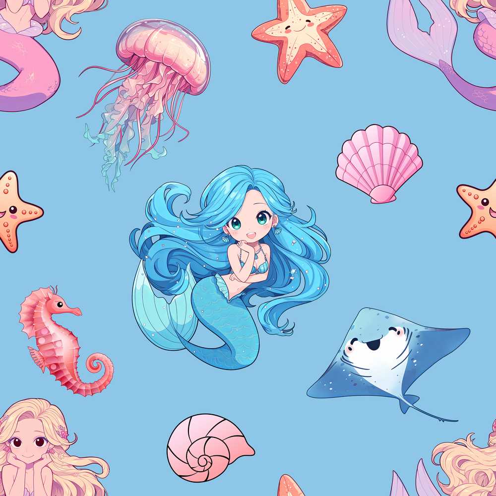 Cute Kawaii Mermaid Ocean Friends Jellyfish Starfish Blue Background