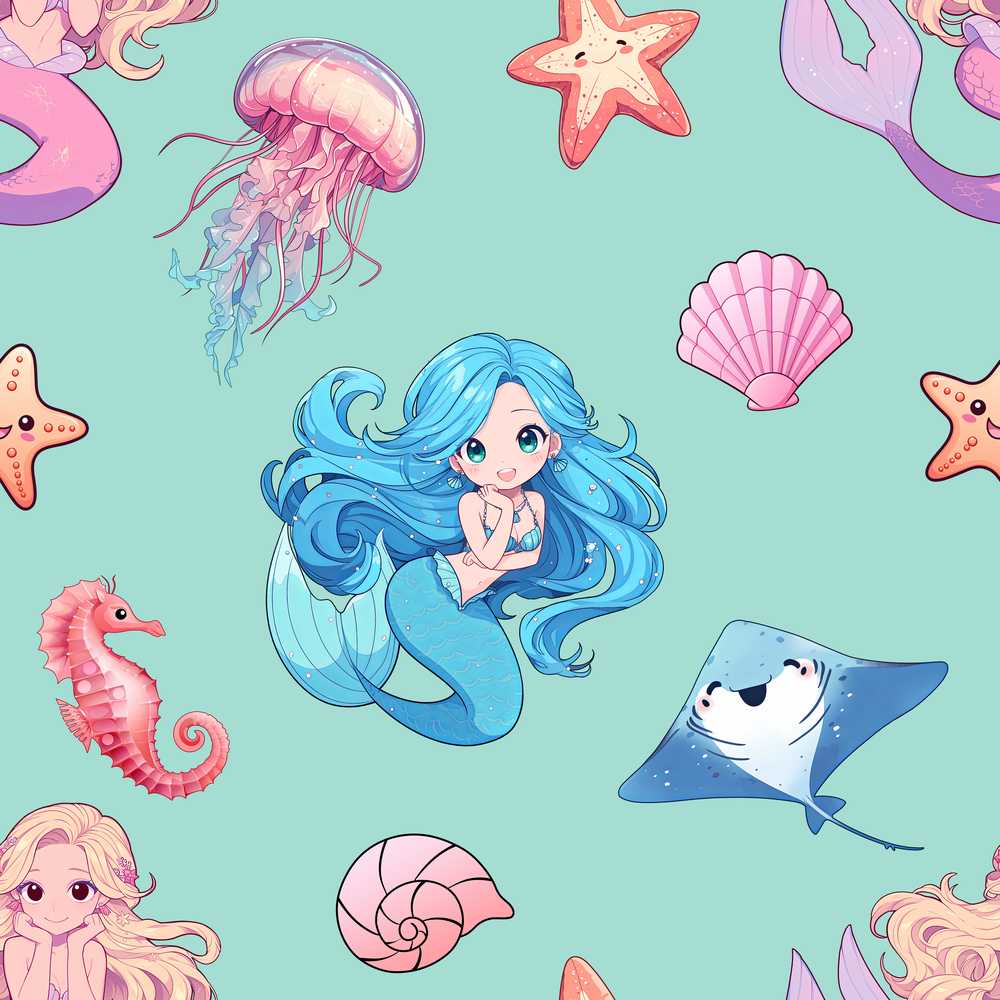 Mermaid Ocean Friends Jellyfish Starfish Mint Green Background