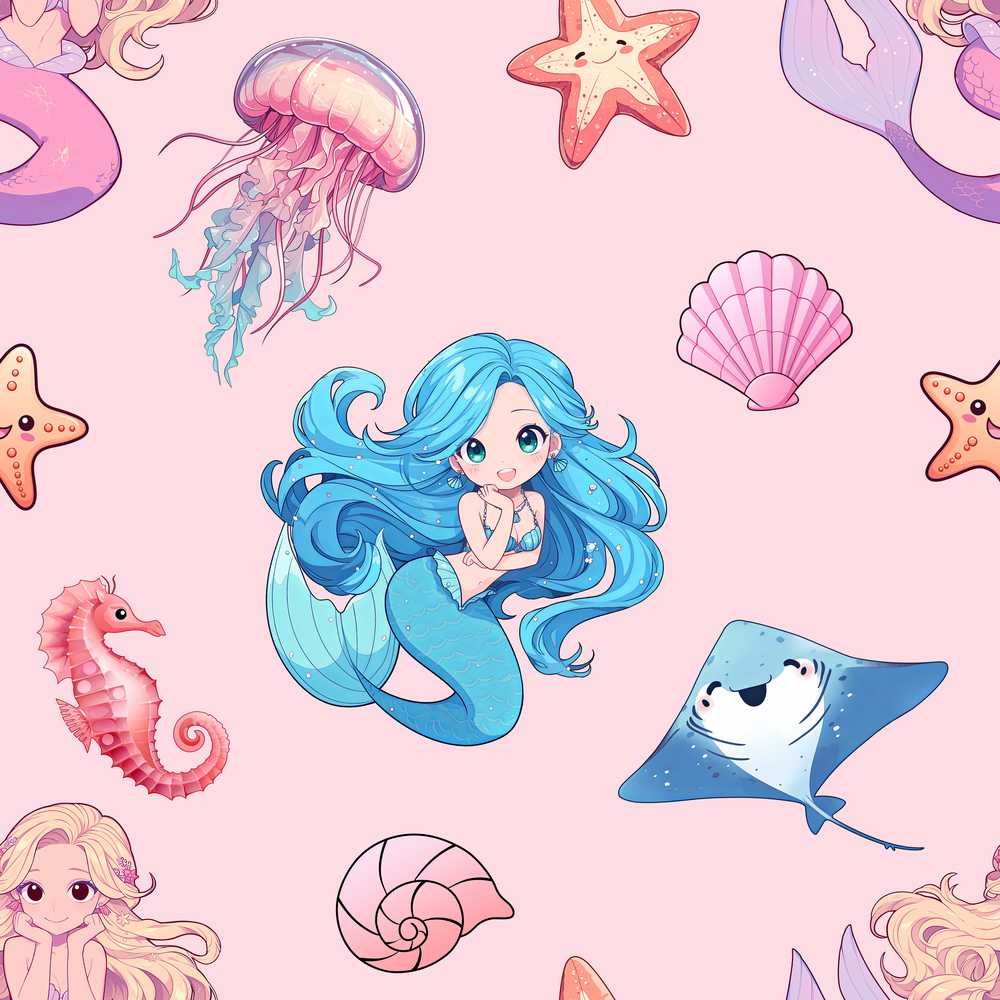 Mermaid Ocean Friends Jellyfish Starfish Blush Pink Background