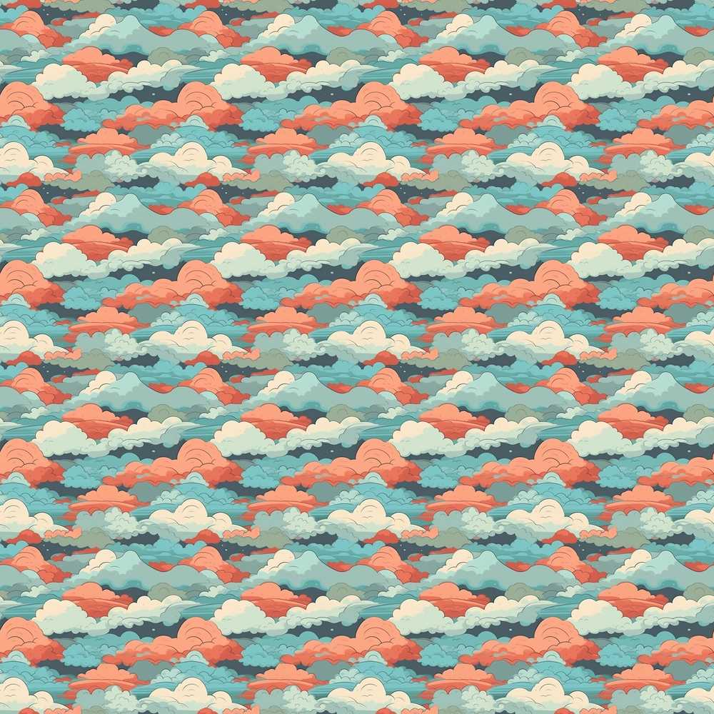 Retro Multicolour Cloud Teal Coral and Cream Seamless