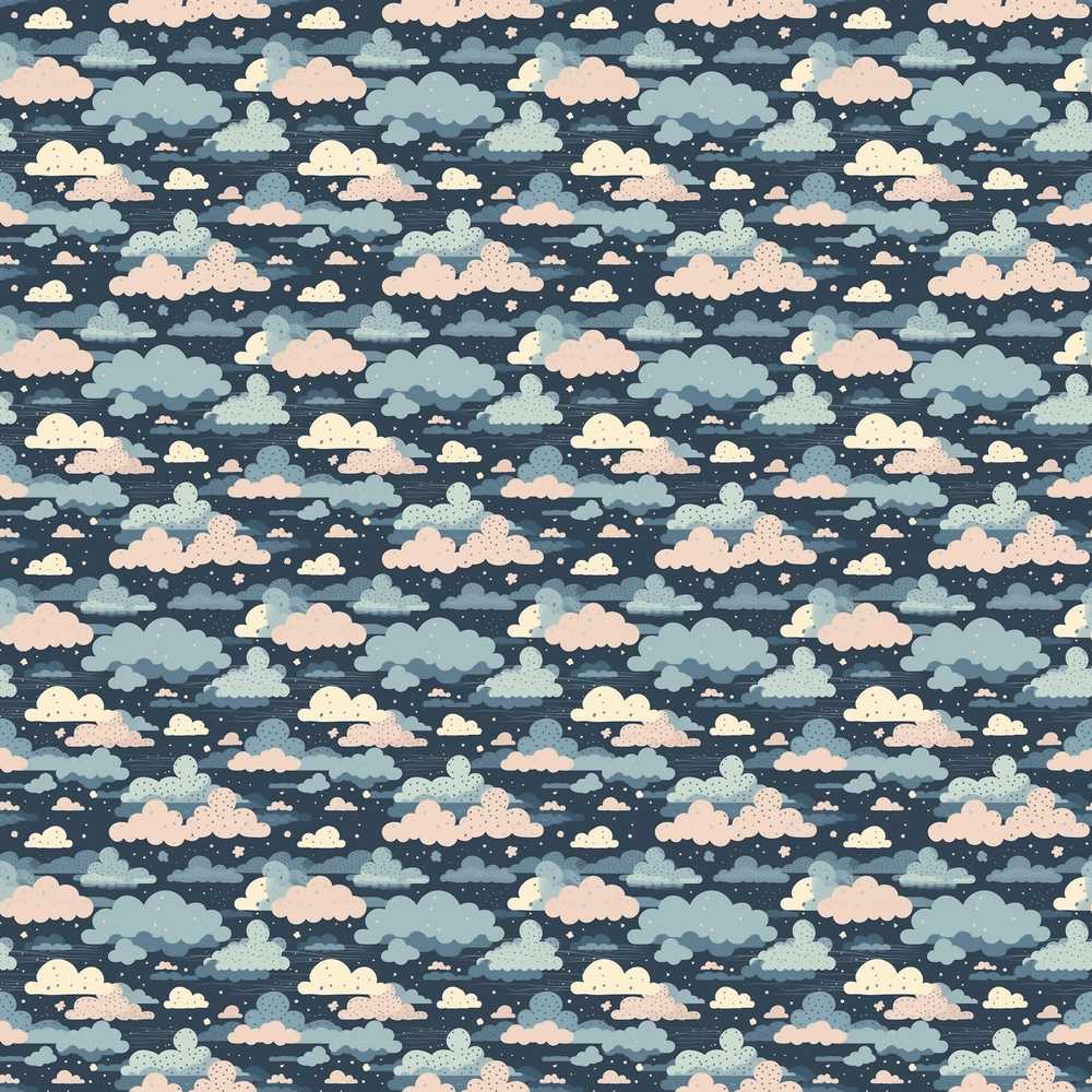 Whimsical Cloud Dark Blue with Pastel Clouds Seamless