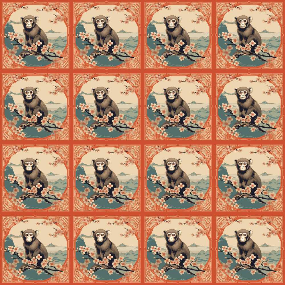 Oriental Style Monkey Blossom Frame Coral Background Seamless Wildflower