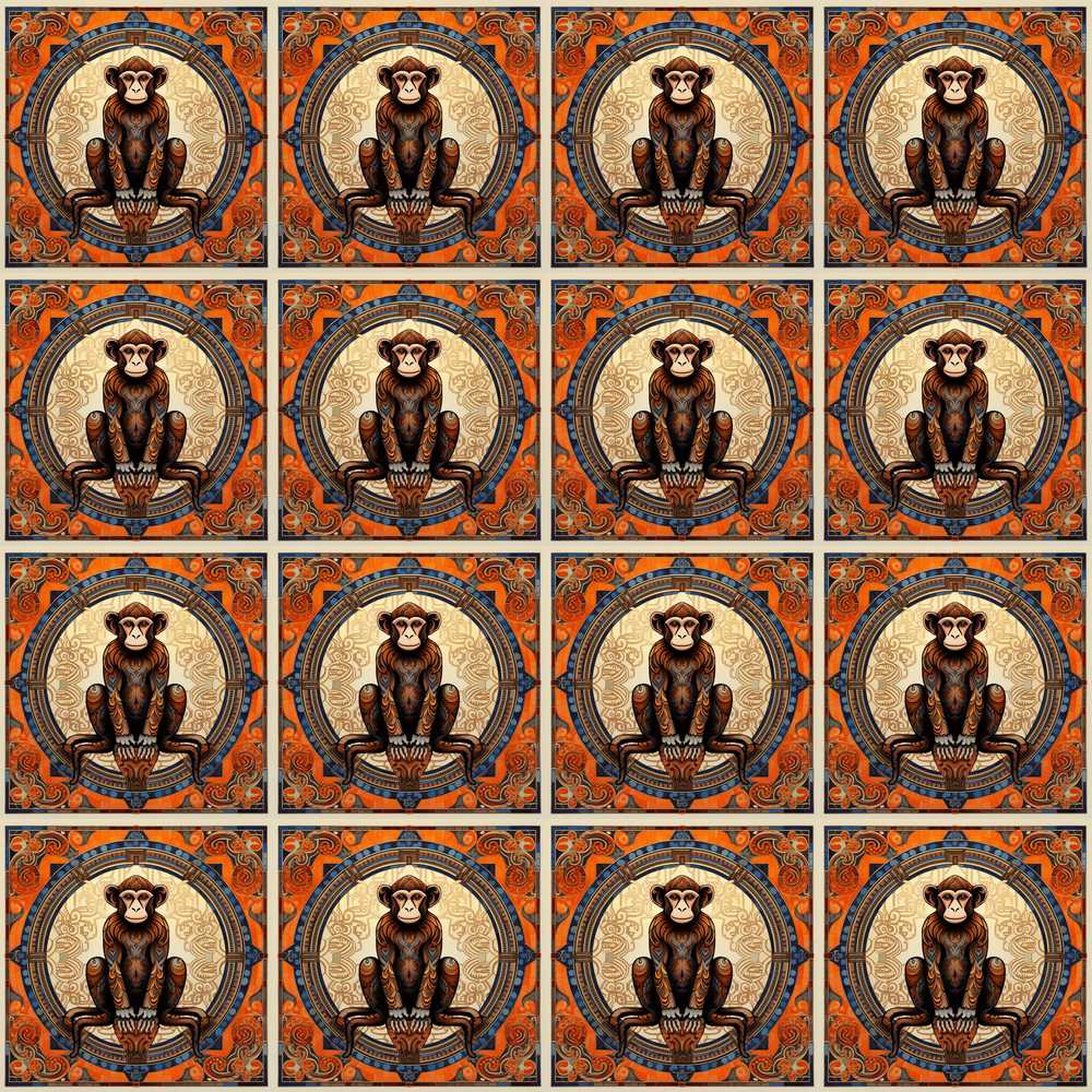 Decorative Art Nouveau Monkey Medallion Tile in Orange and Blue