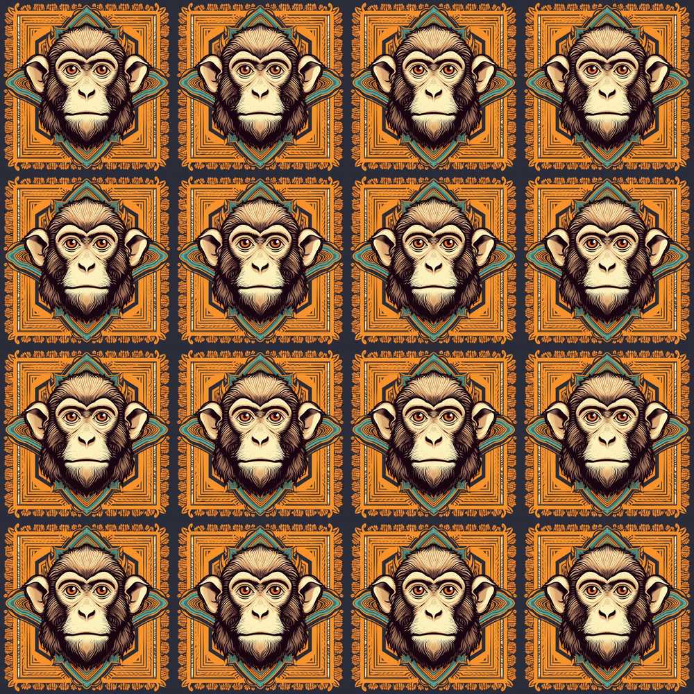 Geometric Tribal Monkey Head in Mustard and Teal Square Frames