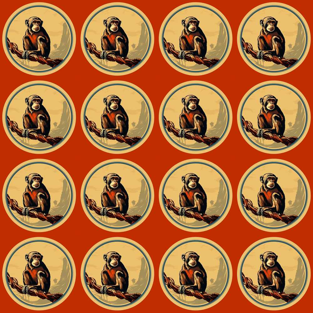 Retro Safari Monkey Portrait in Circular Frame with Desert Landscape