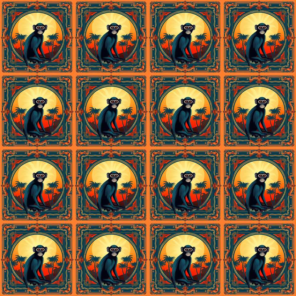Tropical Sunset Monkey Silhouette in Decorative Frame Repeat
