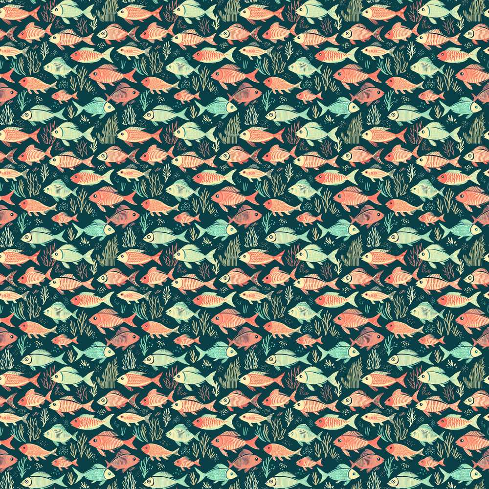 Vintage Fish and Coral in Muted Teal and Coral Tones