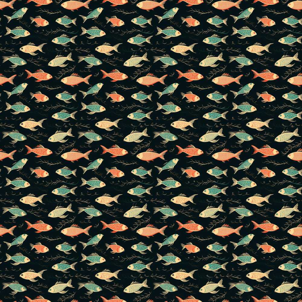 Dark Ocean Fish with Botanical Seaweed Details on Black