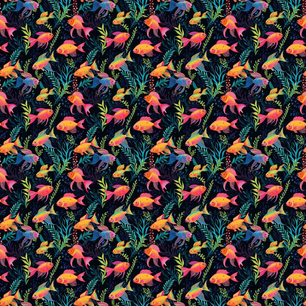 Stylised Ocean Fish with Elegant Botanical Elements on Black