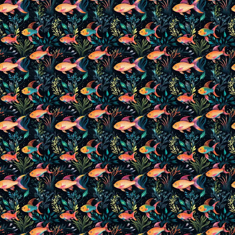Vibrant Coral Reef Fish with Detailed Marine Plants on Navy