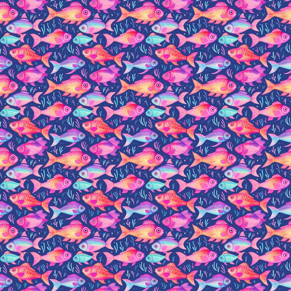 Whimsical Coral and Mint Fish with Seaweed on Deep Navy