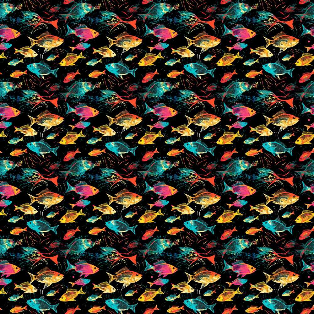 Bright Neon Tropical Fish Swim on Dark Ocean Background