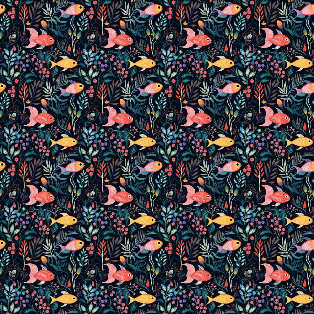 Cute Pastel Fish and Floral Sea Life on Teal Background