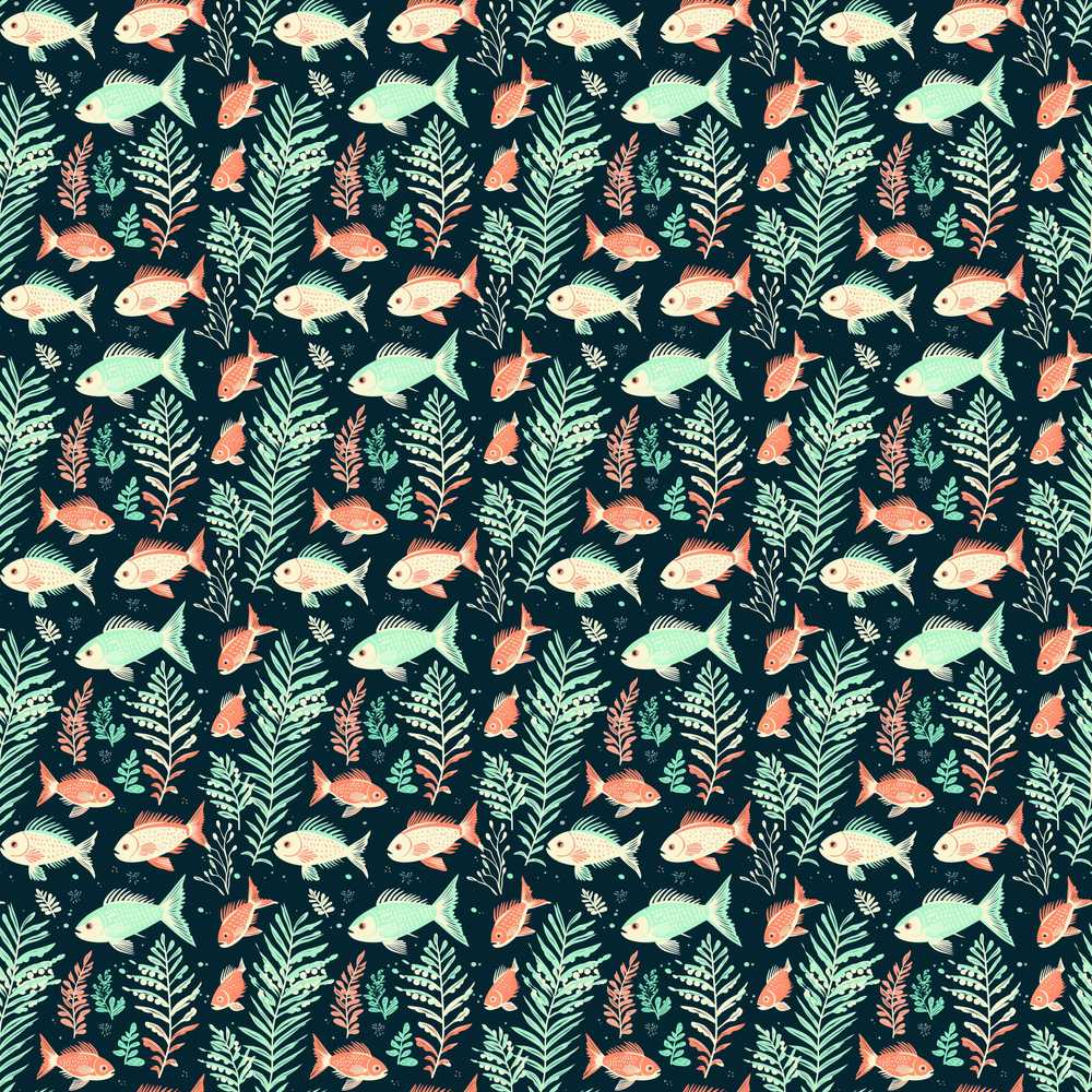 Cute Coral and Mint Fish with Seaweed Ocean