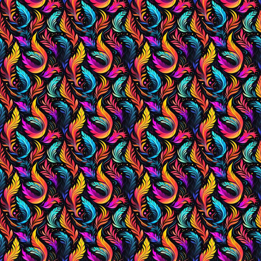 Colorful Tropical Feather Leaves on Black Background Seamless Exotic